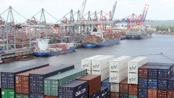 Blick über Container auf drei Schiffe, die an einem Terminal entladen werden | Bildquelle: dpa/Fabian Matzerath Blick über Container auf drei Schiffe, die an einem Terminal entladen werden